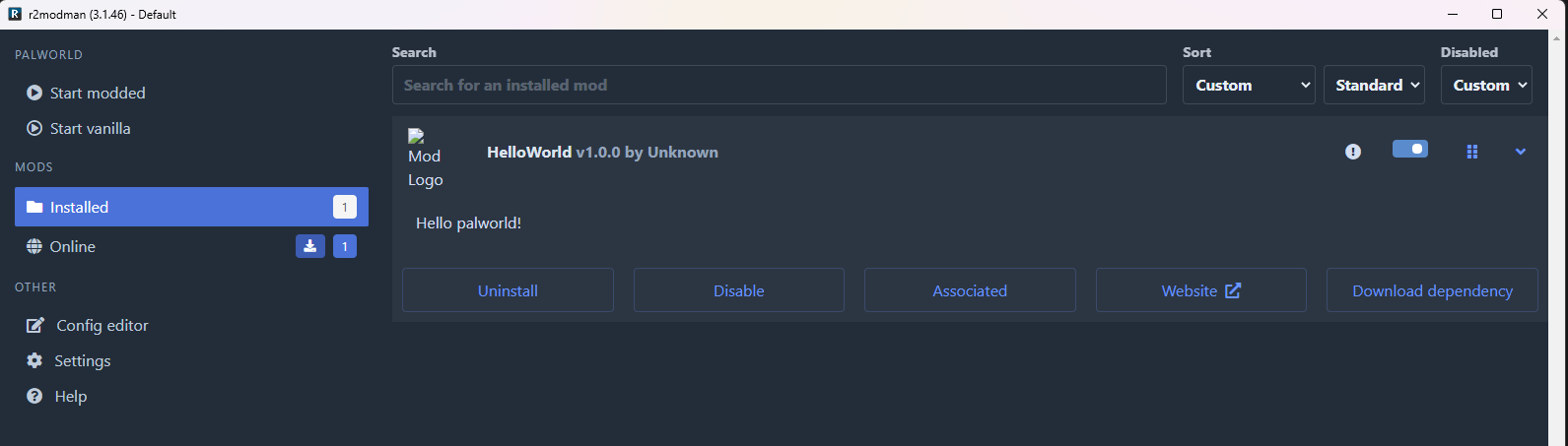 Mod manager with installed mod
