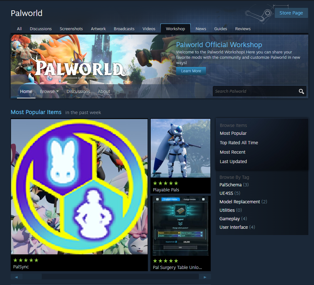 Front page of steam workshop for Palworld