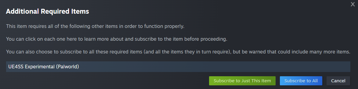 Popup showing additional required items with a Subscribe to Just This Item, Subscribe to All and Cancel buttons